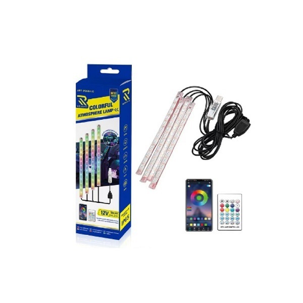 4 λάμπες 4*22cm 48LED 12V RGB ατμοσφαιρικού φωτισμού αυτοκινήτου με τηλεχειριστήριο USB και έλεγχος μέσω APP W09485-10