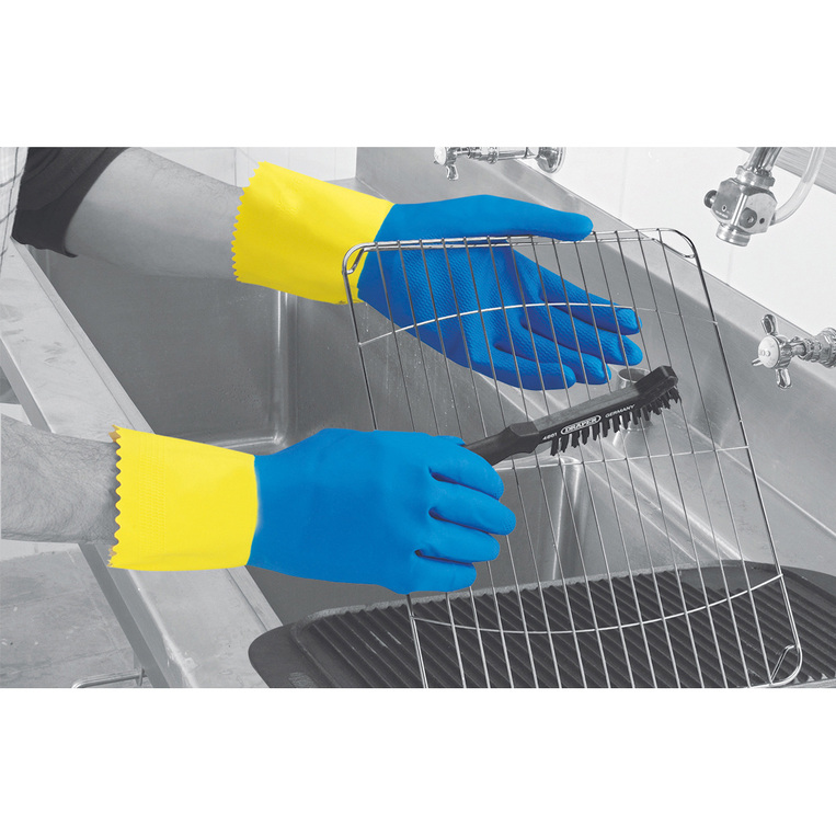 POLYCO RU560/L ΓΑΝΤΙΑ LATEX - ΔΙΠΛΗΣ ΕΜΒΑΠΤΙΣΗΣ ΧΗΜΙΚΩΝ (30CM ΜΕ ΜΑΝΣΕΤΑ) , ΜΠΛΕ - ΚΙΤΡΙΝΟ, LARGE