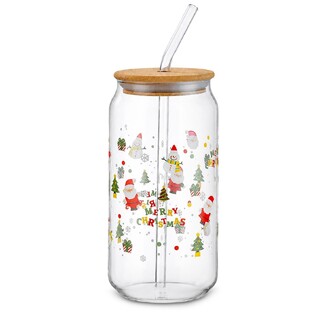 Ποτήρι Γυαλί Borosilicate Xmas με Καπάκι, Καλαμάκι 15x6cm 550ml